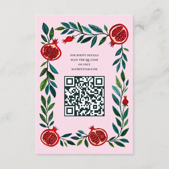 Tarjeta De Recepción Pomegranates Personalizado QR Bat Bar Mitzvah Wate (Anverso)
