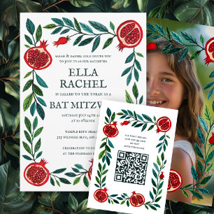 Tarjeta De Recepción Pomegranates Personalizado QR Bat Bar Mitzvah Wate