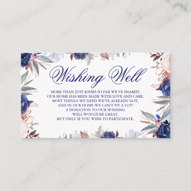 Tarjeta De Recepción Pozo de Deseos de Boda Floral Azul Marino (Anverso)