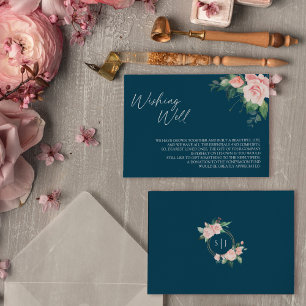 Tarjeta De Recepción Pozo de Deseos de Boda Floral Azul Marino Rubor