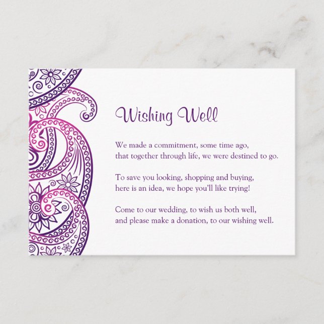 Tarjeta De Recepción Pozo de deseos para boda india, estampado de cache (Anverso)