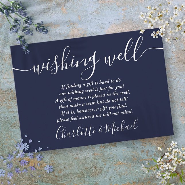 Tarjeta De Recepción Pozo de los Deseos Firma Script Bodas Azul Marino (Wishing Well Signature Script Navy Blue Wedding Enclosure Card)
