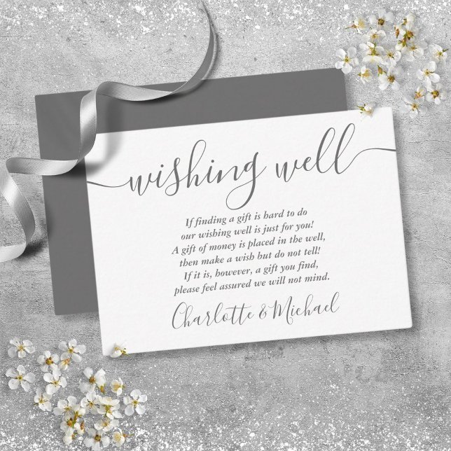 Tarjeta De Recepción Pozo de los Deseos Firma Script Bodas Gris Blanco (Wishing Well Signature Script Gray White Wedding Enclosure Card)