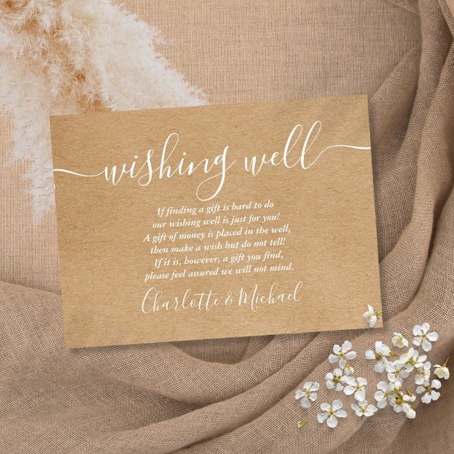 Tarjeta De Recepción Pozo de los Deseos Firma Script Rustico Kraft Boda (Wishing Well Signature Script Rustic Kraft Wedding Enclosure Card)