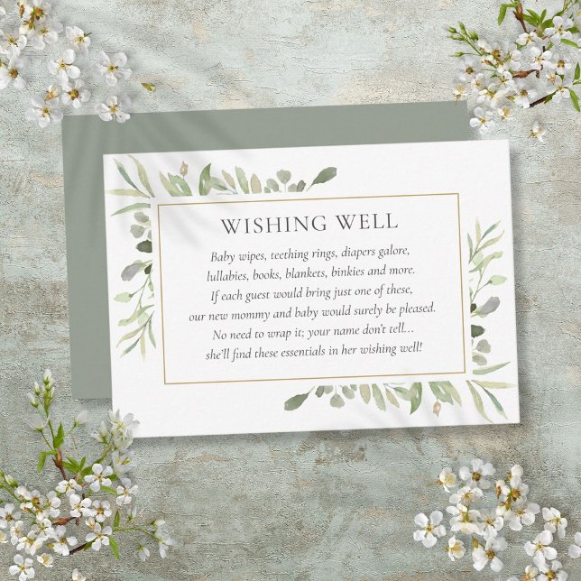 Tarjeta De Recepción Pozo de los Deseos para Baby Shower Acuarela Verde (Watercolor Greenery Baby Shower Wishing Well Enclosure Card)