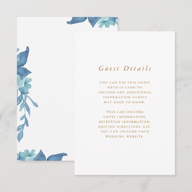 Tarjeta De Recepción Precioso detalle de Boda Floral Azul (Anverso / Reverso)