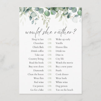 Tarjeta De Recepción ¿Prefiere Eucalyptus Bridal Shower Game?