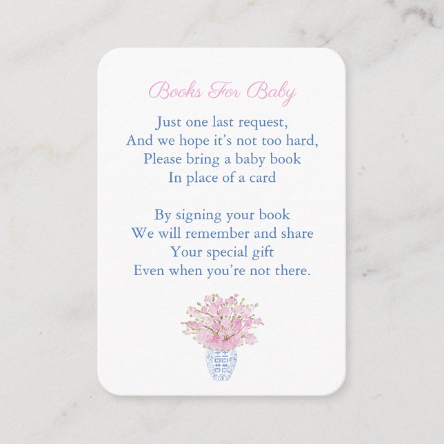 Tarjeta De Recepción Preppy Baby Girl Shower Chinoiserie Trae un libro (Anverso)