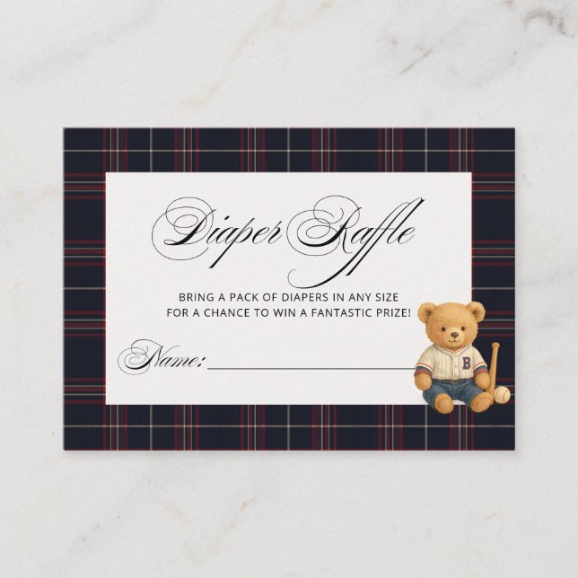 Tarjeta De Recepción Preppy Bear Béisbol Baby Shower Diaper Raffle (Anverso)