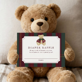 Tarjeta De Recepción Preppy Burgundy Plaid Teddy Bear Diaper Raffle
