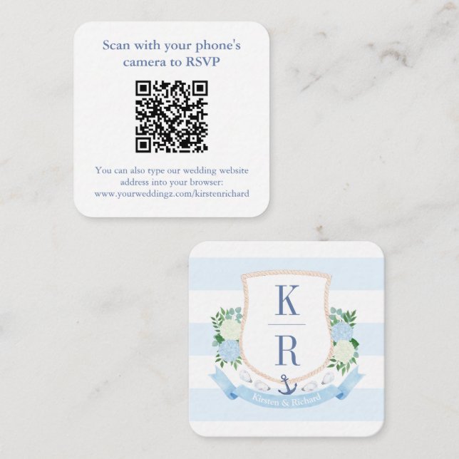 Tarjeta De Recepción Preppy Código QR Boda en Monograma Costero RSVP (Anverso / Reverso)