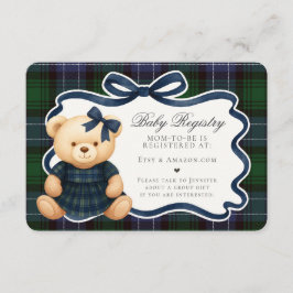 Tarjeta De Recepción Preppy Coquette Bow Bear Plaid Baby Registry Card