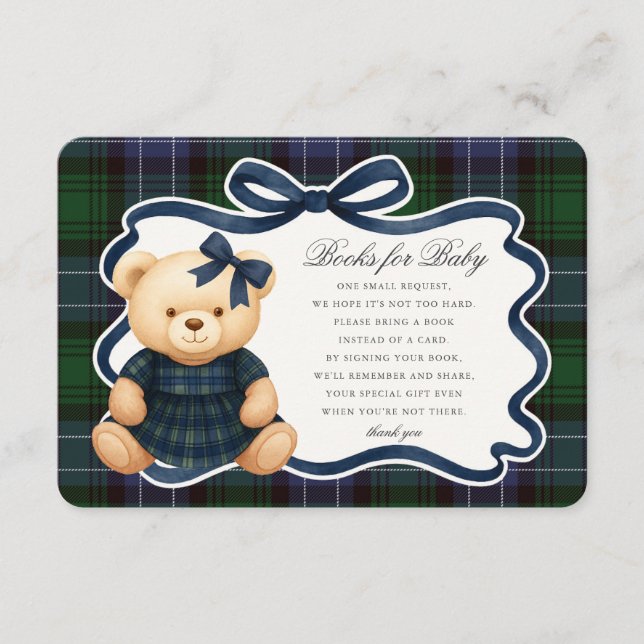 Tarjeta De Recepción Preppy Coquette Bow Bear Plaid Books for Baby Card (Anverso)