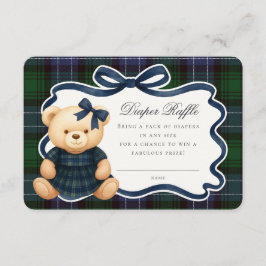 Tarjeta De Recepción Preppy Coquette Bow Bear Tartan Diaper Raffle Card