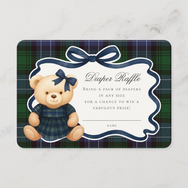 Tarjeta De Recepción Preppy Coquette Bow Bear Tartan Diaper Raffle Card (Anverso)