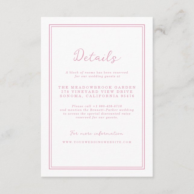 Tarjeta De Recepción Preppy Peony Pink Chic Wedding Details Card (Anverso)