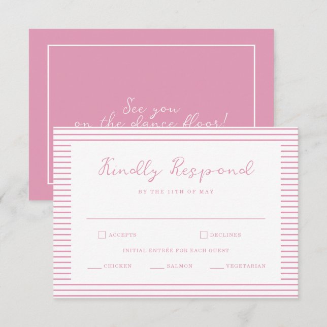Tarjeta De Recepción Preppy Peony Pink Striped Wedding RSVP Card (Anverso / Reverso)
