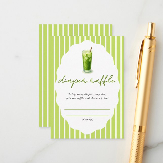 Tarjeta De Recepción Preppy Stripes Matcha Baby Shower Diaper Raffle (Anverso/Reverso In Situ)