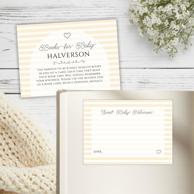 Tarjeta De Recepción Preppy Yellow Stripes Baby Shower Book Request (elegant butter yellow and white baby shower book request card insert with back doubles as gift tag.)