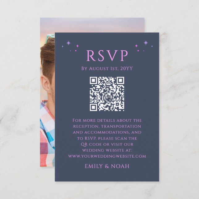 Tarjeta De Recepción Presupuesto azul celestial púrpura QR Código RSVP  (Anverso / Reverso)