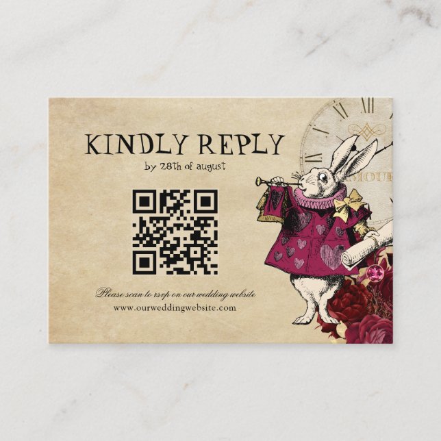 Tarjeta De Recepción PRESUPUESTO Código QR Borgoña Alice Wonderland Bod (Anverso)