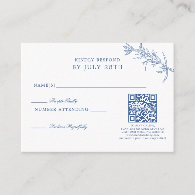 Tarjeta De Recepción PRESUPUESTO Elegante Boda Floral Azul Clásico Códi (Anverso)