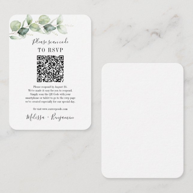Tarjeta De Recepción Presupuesto Eucalyptus Greenery Código QR Boda RSV (Anverso / Reverso)