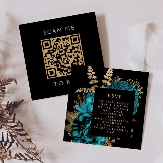 Tarjeta De Recepción Presupuesto Moody Floral Turquoise Gold QR Código  (Subido por el creador)