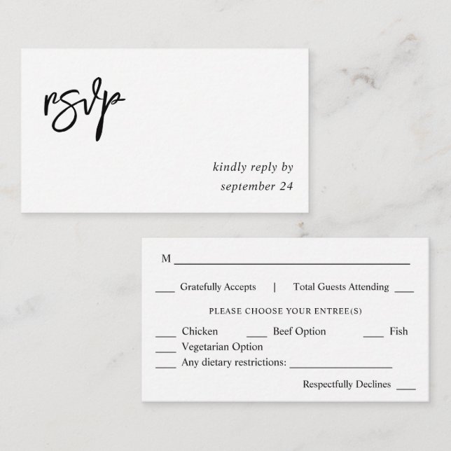 Tarjeta De Recepción Presupuesto Presupuesto Comida Calligrafía Blanca  (Anverso / Reverso)