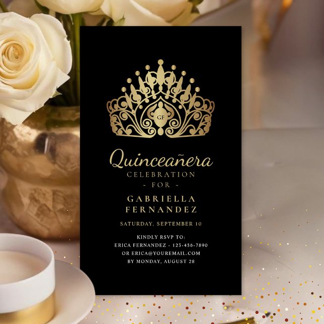 Tarjeta De Recepción Princesa de Quinceanera Tiara Crown Black Gold RSV (Subido por el creador)