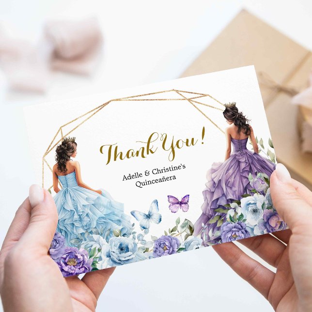 Tarjeta De Recepción Princesas gemelas azules y moradas Rosas Quinceañe (Subido por el creador)