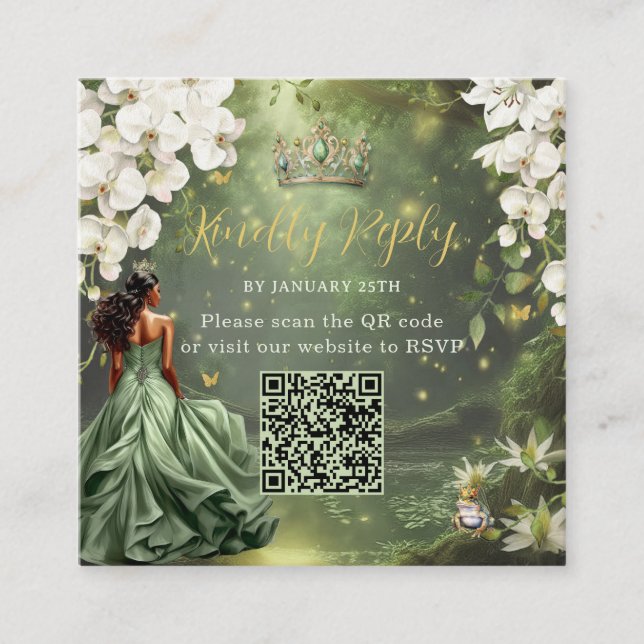 Tarjeta De Recepción Princess & Frog Green Dress Sweet 16 Quince XV QR (Anverso)