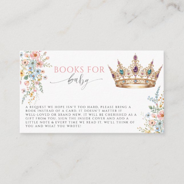 Tarjeta De Recepción Princess Gold Crown Floral Books for Baby Shower   (Anverso)