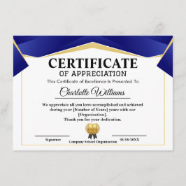 Tarjeta De Recepción Pro Achievement Appreciate Gold Blue Certificate