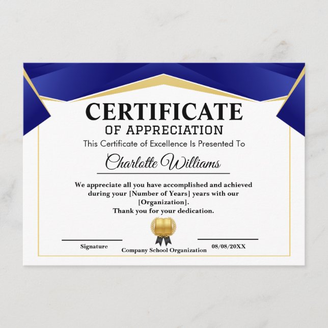 Tarjeta De Recepción  Pro Achievement Appreciate Gold Blue Certificate (Anverso)
