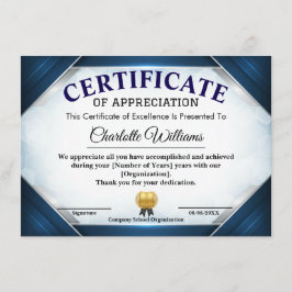 Tarjeta De Recepción Professional Blue Appreciation Certificate