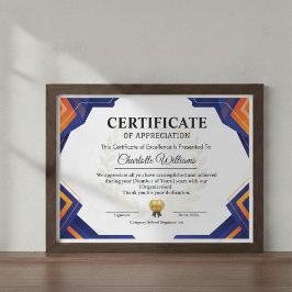 Tarjeta De Recepción Professional Blue Gold Appreciation Certificate