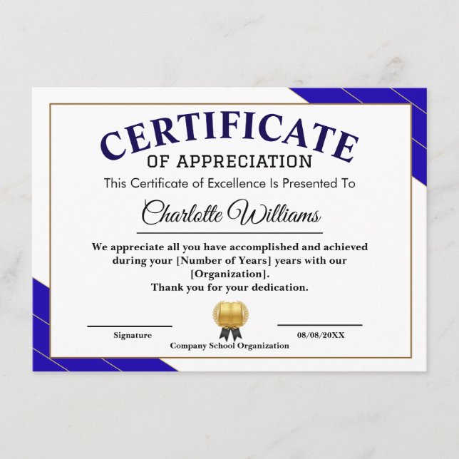 Tarjeta De Recepción Professional Certificate of Appreciation Award (Anverso)