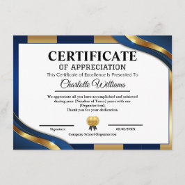 Tarjeta De Recepción Professional Certificate of Appreciation Blue Gold