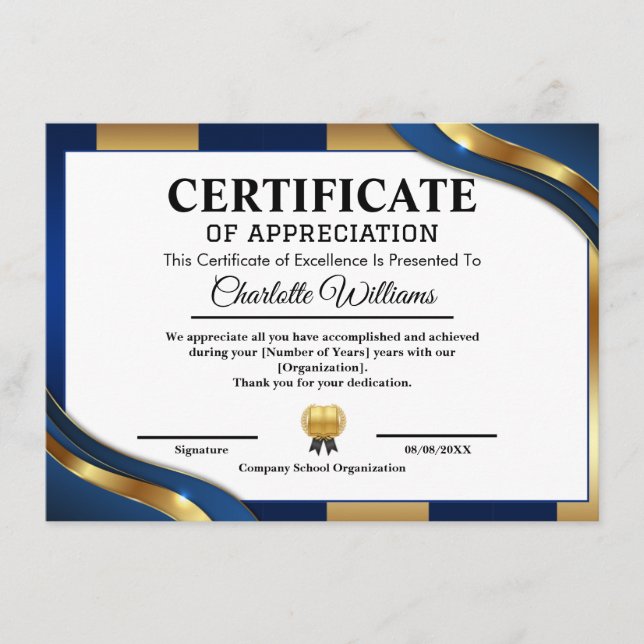 Tarjeta De Recepción Professional Certificate of Appreciation Blue Gold (Anverso)