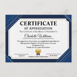 Tarjeta De Recepción Professional Certificate of Appreciation Blue Gold
