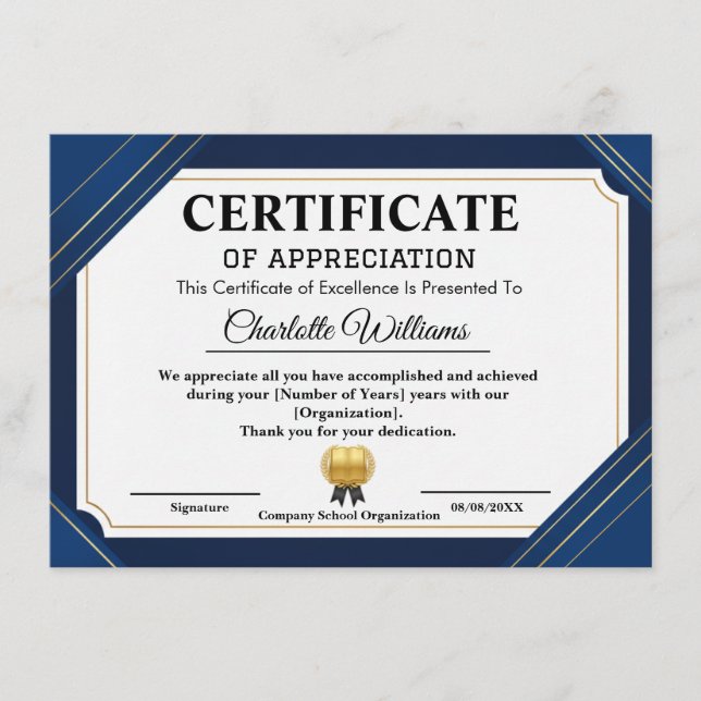 Tarjeta De Recepción Professional Certificate of Appreciation Blue Gold (Anverso)