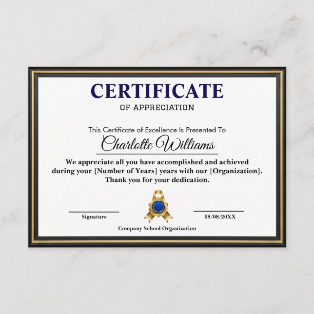 Tarjeta De Recepción Professional Executive Achievement Certificate Art (Anverso)