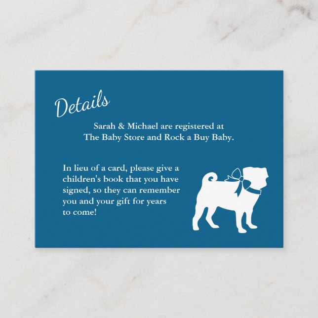 Tarjeta De Recepción Pug Dog Baby Shower Boy Blue con Bow (Anverso)