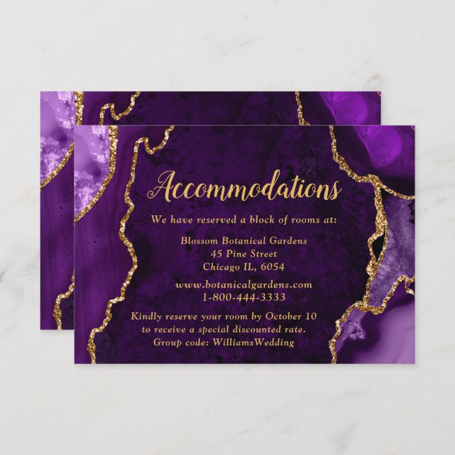 Tarjeta De Recepción Purple and Gold Agate Wedding Accommodations (Anverso / Reverso)