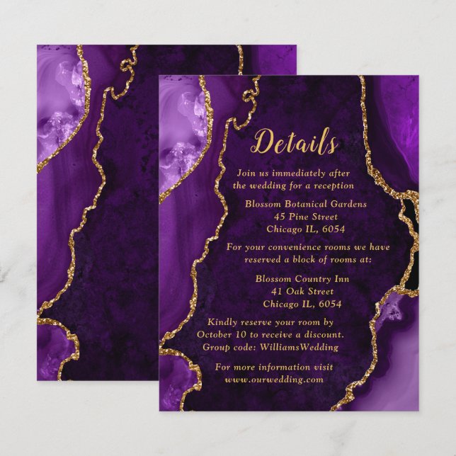Tarjeta De Recepción Purple and Gold Agate Wedding Details (Anverso / Reverso)