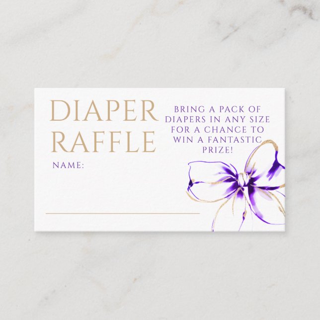 Tarjeta De Recepción Purple and Gold Bow Diaper Raffle Ticket (Anverso)