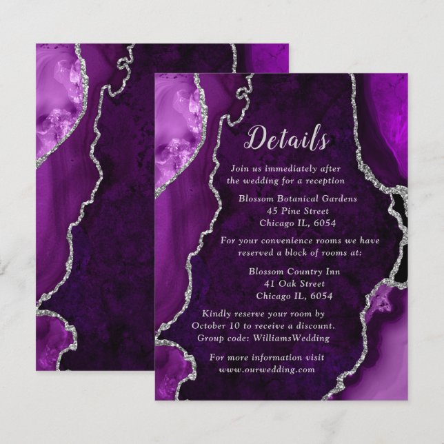 Tarjeta De Recepción Purple and Silver Agate Wedding Details (Anverso / Reverso)