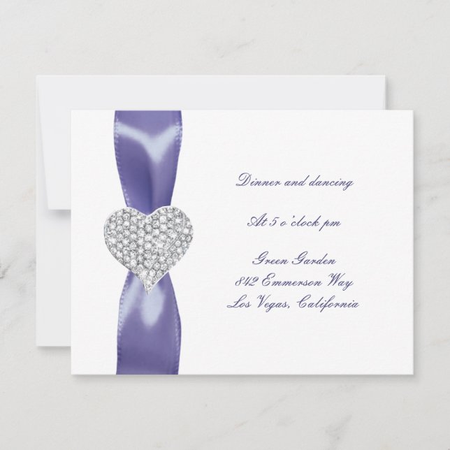 Tarjeta de recepción Purple Blue Diamond Heart Wed (Anverso)