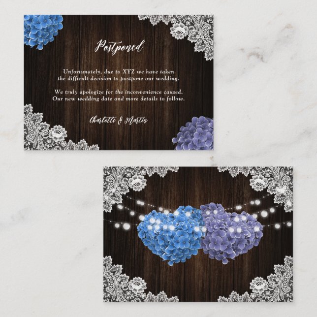 Tarjeta De Recepción Purple Blue Floral Postponed Wedding Announcement (Anverso / Reverso)